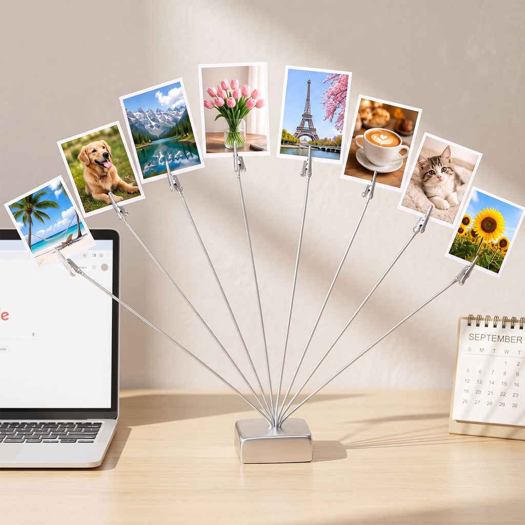 Fotohalter mit 8 Klammern Metall Fotoständer Zettelhalter Fotohalter, Memo Clip, Postkartenständer, Kartenhalter für Hochzeit, Party, Büro und Zuhause, Silber