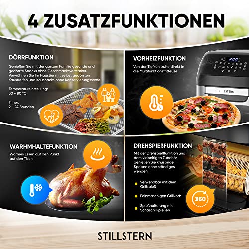 Stillstern Heißluftfritteuse XXL 12L mit LED-Touchscreen, Rezeptbuch auf Deutsch, 12 Programme, Vorheizen&Warmhalten, 1800W Heissluftfritteuse AirFryer XXL ohne Öl Dörren Minibackofen Camping Grill