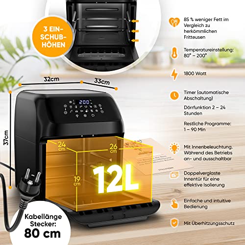 Stillstern Heißluftfritteuse XXL 12L mit LED-Touchscreen, Rezeptbuch auf Deutsch, 12 Programme, Vorheizen&Warmhalten, 1800W Heissluftfritteuse AirFryer XXL ohne Öl Dörren Minibackofen Camping Grill