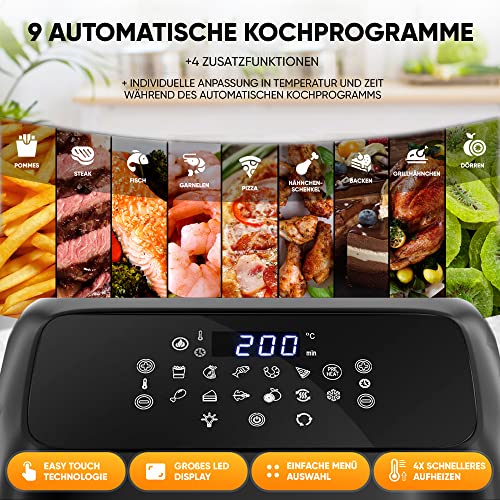 Stillstern Heißluftfritteuse XXL 12L mit LED-Touchscreen, Rezeptbuch auf Deutsch, 12 Programme, Vorheizen&Warmhalten, 1800W Heissluftfritteuse AirFryer XXL ohne Öl Dörren Minibackofen Camping Grill