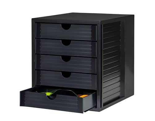 HAN Schubladenbox Systembox Karma mind 80 Prozent Recycling-Kunststoff mit 5 geschlossenen Schubladen, Inkl. Auszugsperre plus Beschriftungsclip, Gummifüße, Schwarz, 14508-13