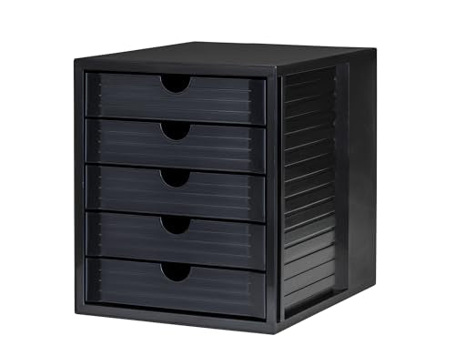 HAN Schubladenbox Systembox Karma mind 80 Prozent Recycling-Kunststoff mit 5 geschlossenen Schubladen, Inkl. Auszugsperre plus Beschriftungsclip, Gummifüße, Schwarz, 14508-13