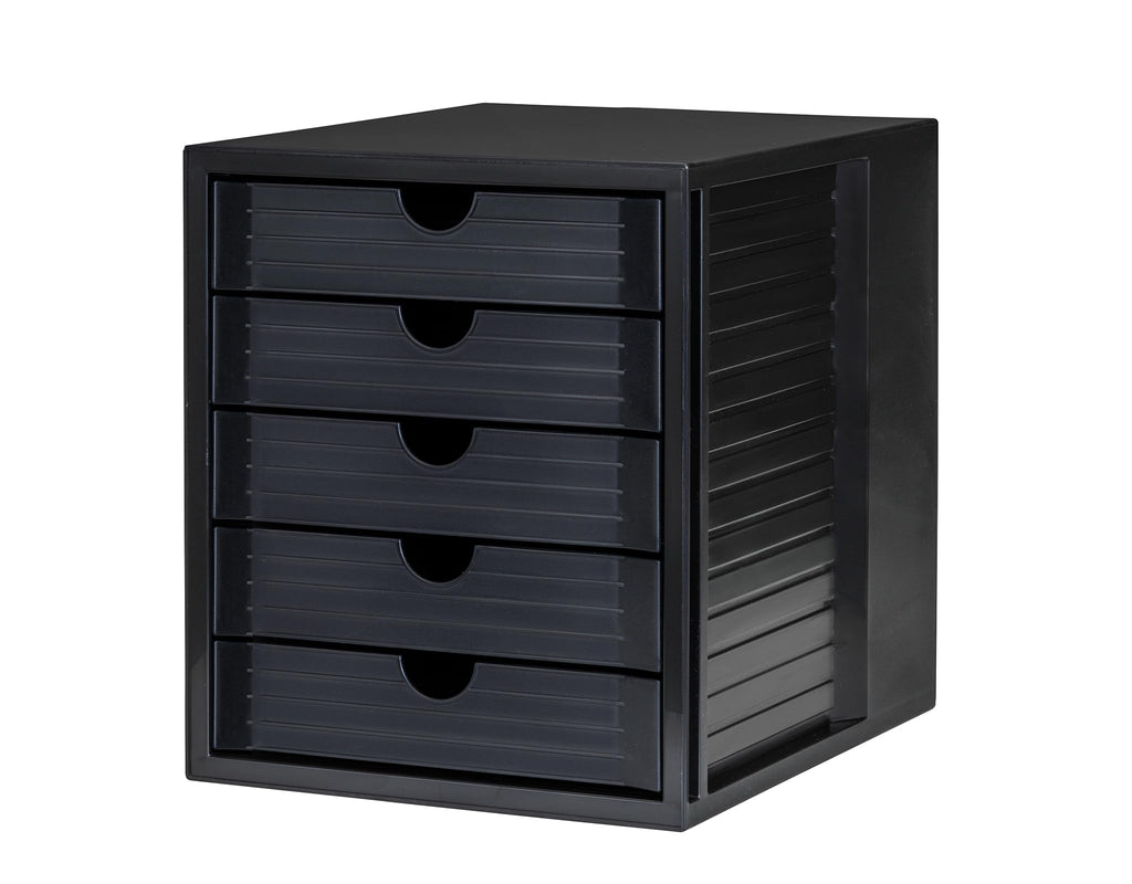 HAN Schubladenbox Systembox Karma mind 80 Prozent Recycling-Kunststoff mit 5 geschlossenen Schubladen, Inkl. Auszugsperre plus Beschriftungsclip, Gummifüße, Schwarz, 14508-13