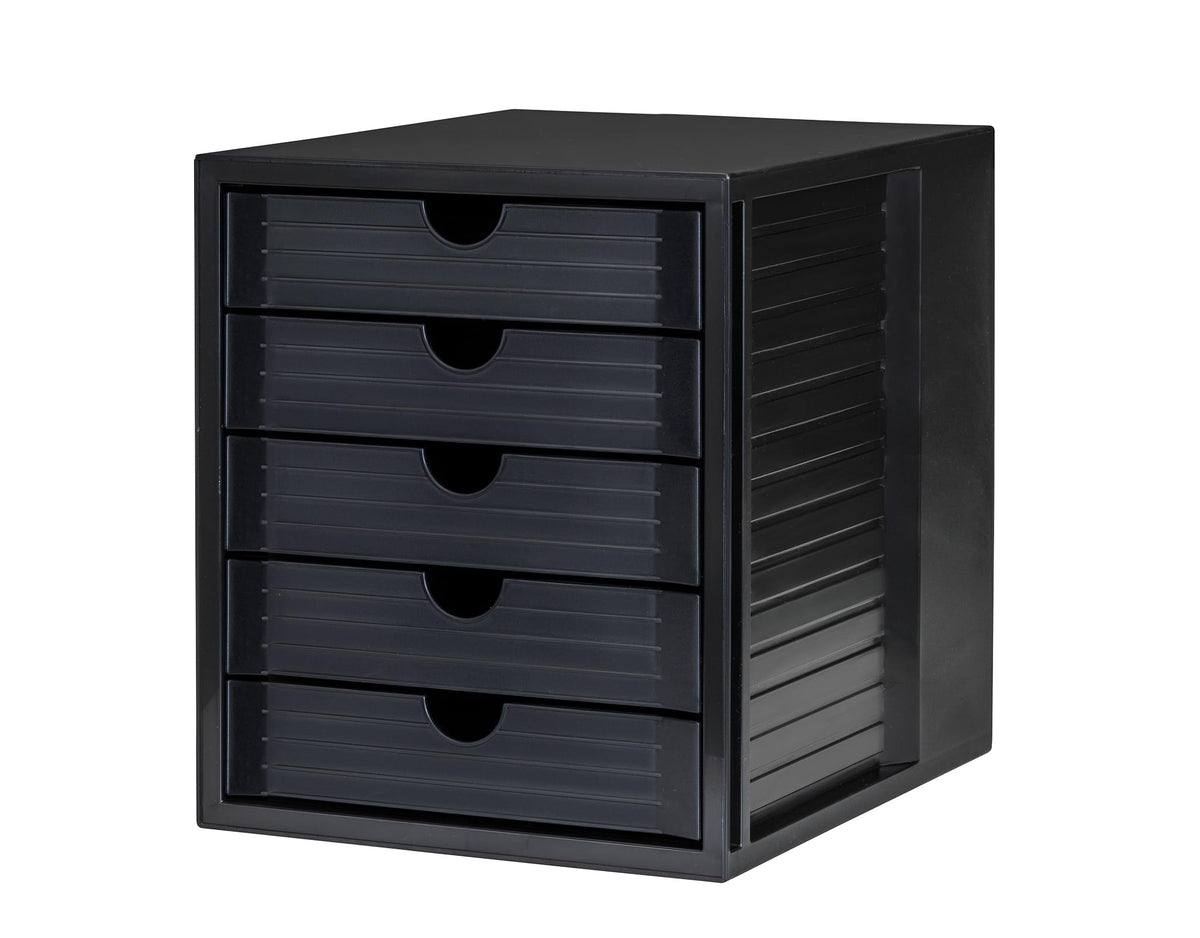 HAN Schubladenbox Systembox Karma mind 80 Prozent Recycling-Kunststoff mit 5 geschlossenen Schubladen, Inkl. Auszugsperre plus Beschriftungsclip, Gummifüße, Schwarz, 14508-13