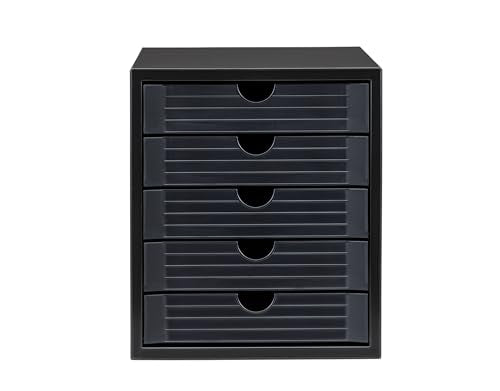 HAN Schubladenbox Systembox Karma mind 80 Prozent Recycling-Kunststoff mit 5 geschlossenen Schubladen, Inkl. Auszugsperre plus Beschriftungsclip, Gummifüße, Schwarz, 14508-13