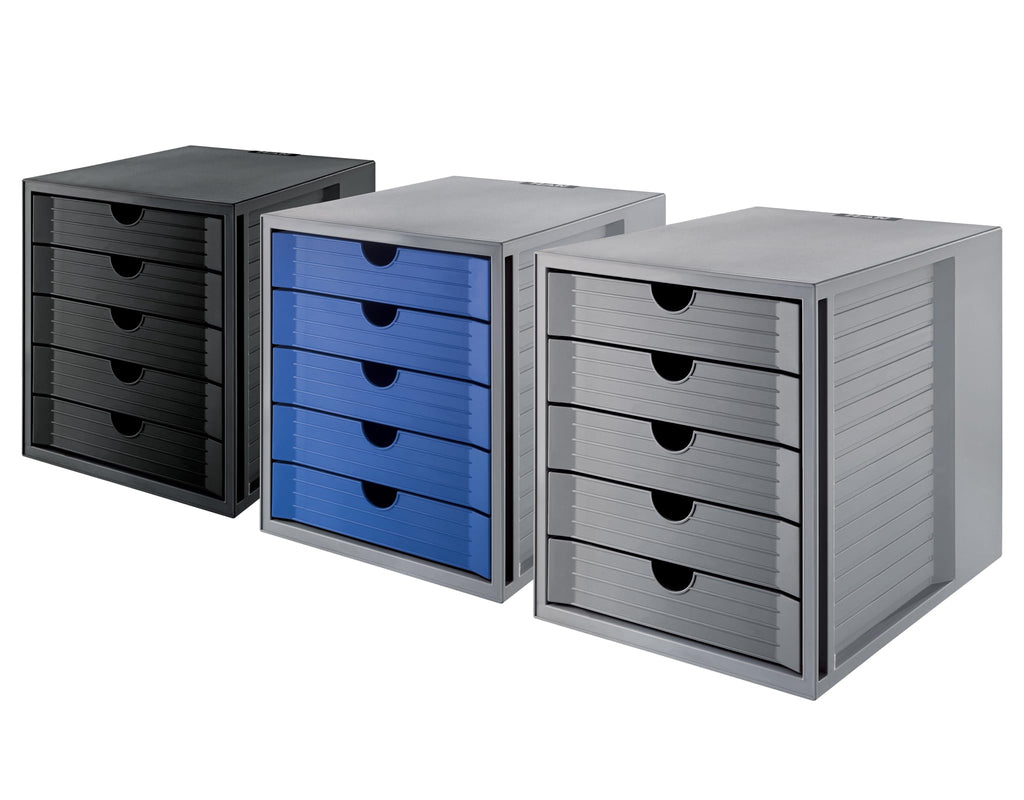 HAN Schubladenbox Systembox Karma mind 80 Prozent Recycling-Kunststoff mit 5 geschlossenen Schubladen, Inkl. Auszugsperre plus Beschriftungsclip, Gummifüße, Schwarz, 14508-13