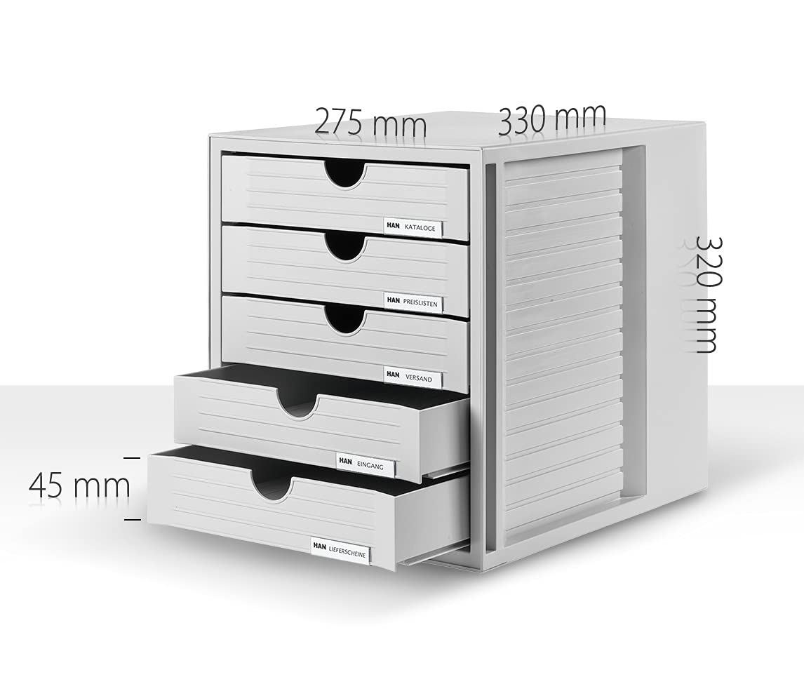 HAN Schubladenbox Systembox Karma mind 80 Prozent Recycling-Kunststoff mit 5 geschlossenen Schubladen, Inkl. Auszugsperre plus Beschriftungsclip, Gummifüße, Schwarz, 14508-13