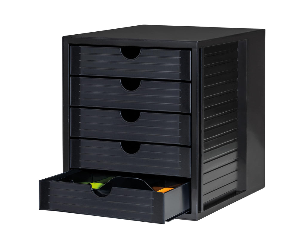 HAN Schubladenbox Systembox Karma mind 80 Prozent Recycling-Kunststoff mit 5 geschlossenen Schubladen, Inkl. Auszugsperre plus Beschriftungsclip, Gummifüße, Schwarz, 14508-13