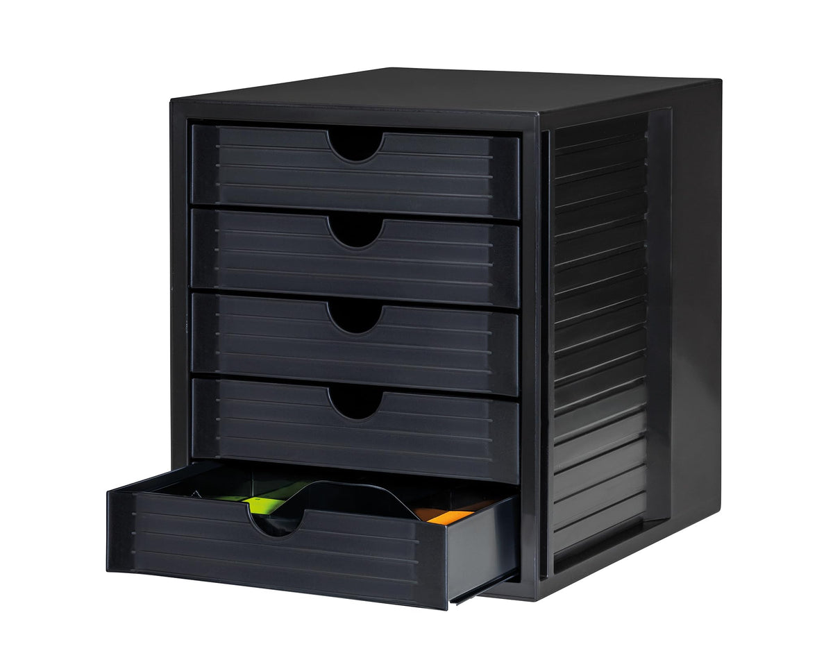 HAN Schubladenbox Systembox Karma mind 80 Prozent Recycling-Kunststoff mit 5 geschlossenen Schubladen, Inkl. Auszugsperre plus Beschriftungsclip, Gummifüße, Schwarz, 14508-13