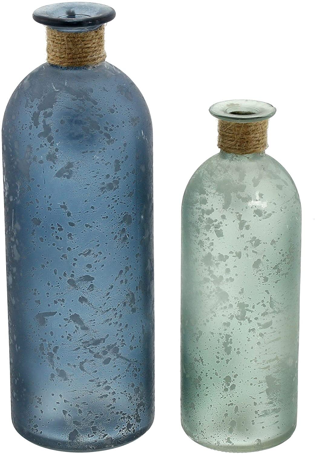 FRANK FLECHTWAREN Deko-Vase Maritim im 2er Set Ø 7 x 20 cm Ø 8 x 26 cm Glasvase satiniert Blau Grün Sisalschnur Seestern Muschel Maritime Deko handverziert
