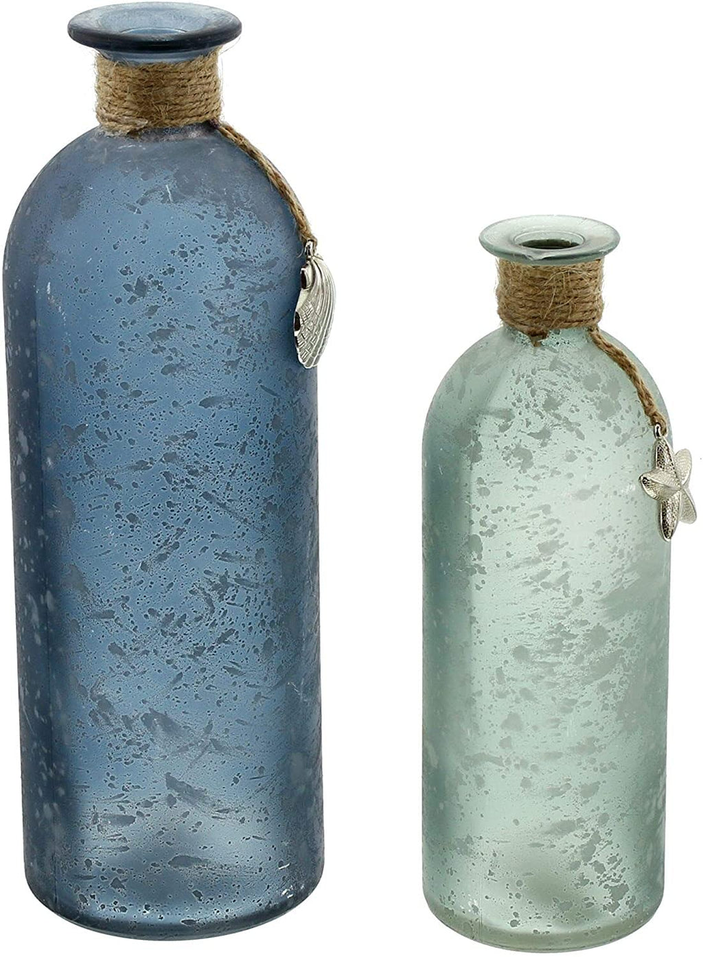 FRANK FLECHTWAREN Deko-Vase Maritim im 2er Set Ø 7 x 20 cm Ø 8 x 26 cm Glasvase satiniert Blau Grün Sisalschnur Seestern Muschel Maritime Deko handverziert