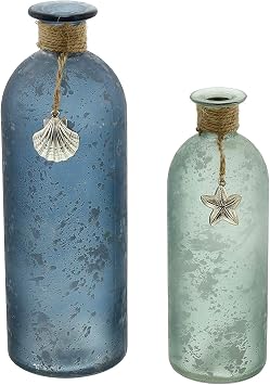 FRANK FLECHTWAREN Deko-Vase Maritim im 2er Set Ø 7 x 20 cm Ø 8 x 26 cm Glasvase satiniert Blau Grün Sisalschnur Seestern Muschel Maritime Deko handverziert