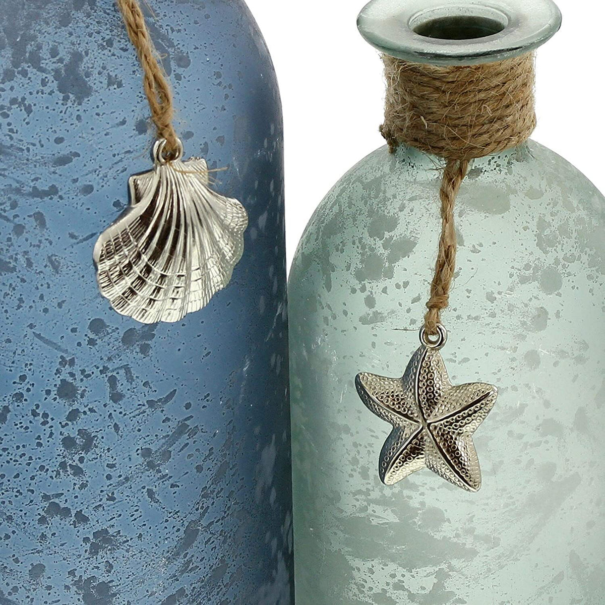 FRANK FLECHTWAREN Deko-Vase Maritim im 2er Set Ø 7 x 20 cm Ø 8 x 26 cm Glasvase satiniert Blau Grün Sisalschnur Seestern Muschel Maritime Deko handverziert