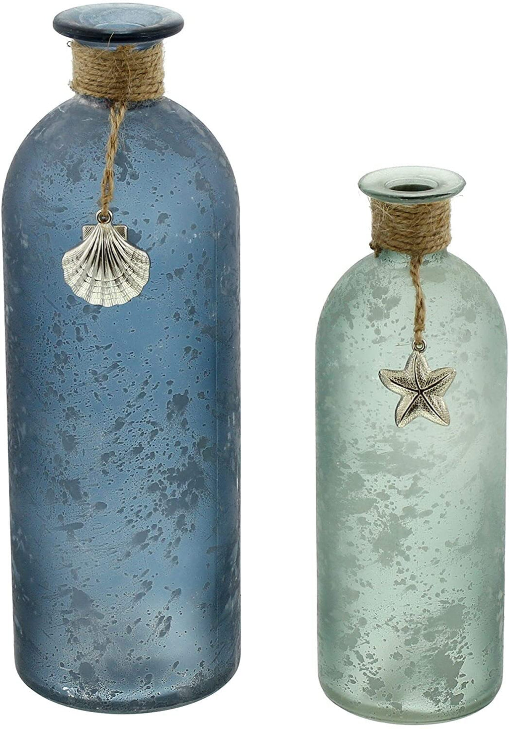 FRANK FLECHTWAREN Deko-Vase Maritim im 2er Set Ø 7 x 20 cm Ø 8 x 26 cm Glasvase satiniert Blau Grün Sisalschnur Seestern Muschel Maritime Deko handverziert