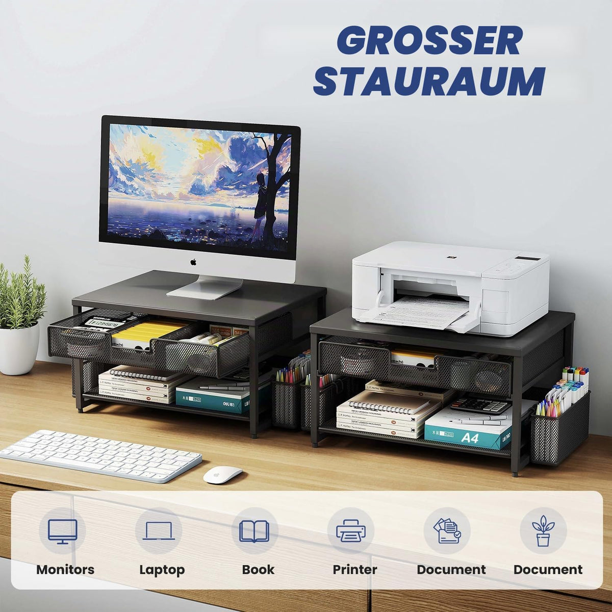 Schreibtisch-Druckerständer aus Metall mit Schublade und 2 Stifthaltern, 2-stöckiges Schreibtisch-Drucker-Regal mit Papierhalter, Mehrzweck-Büro-Schreibtisch-Organizer, Schwarz