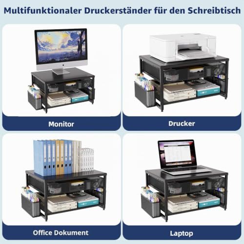 Schreibtisch-Druckerständer aus Metall mit Schublade und 2 Stifthaltern, 2-stöckiges Schreibtisch-Drucker-Regal mit Papierhalter, Mehrzweck-Büro-Schreibtisch-Organizer, Schwarz