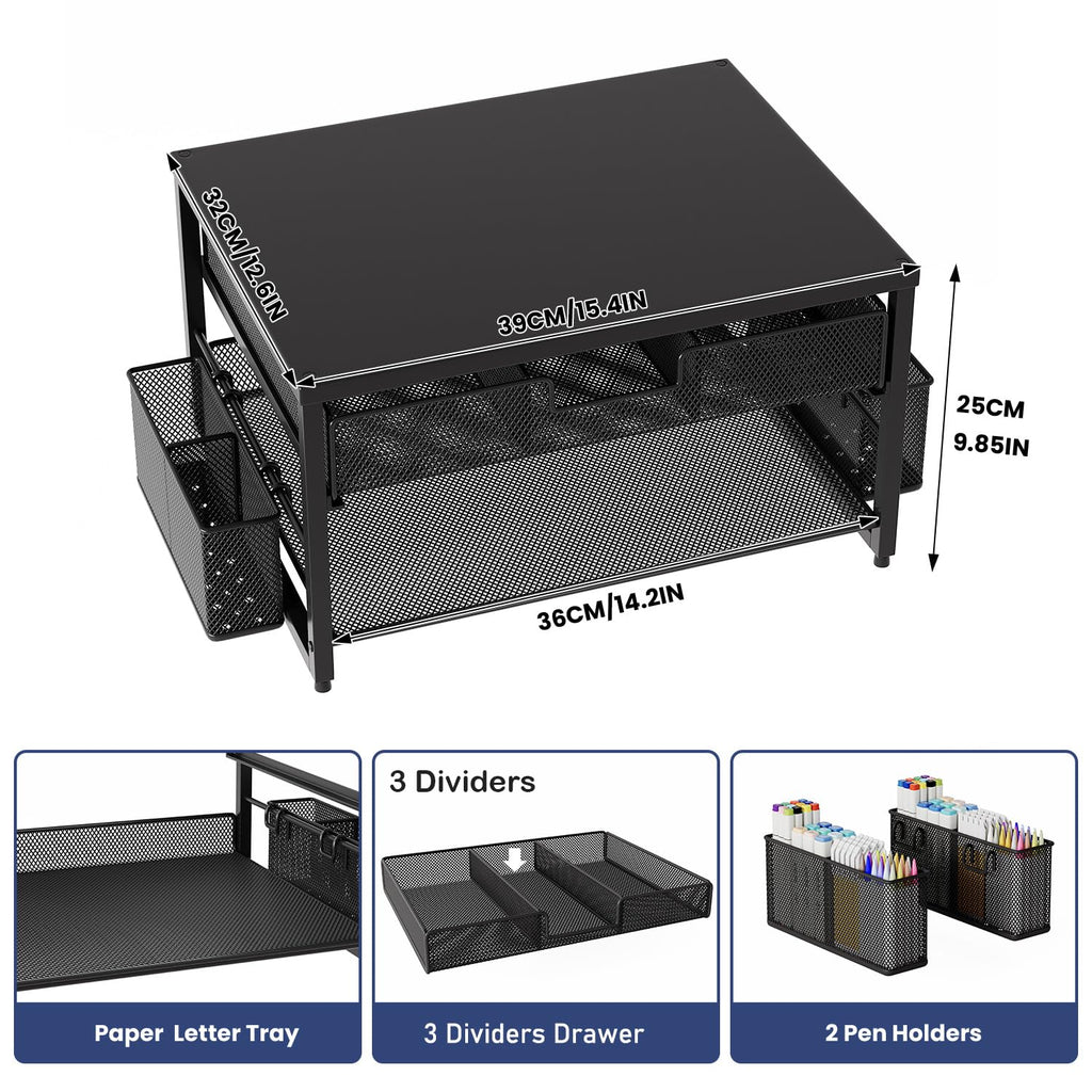 Schreibtisch-Druckerständer aus Metall mit Schublade und 2 Stifthaltern, 2-stöckiges Schreibtisch-Drucker-Regal mit Papierhalter, Mehrzweck-Büro-Schreibtisch-Organizer, Schwarz