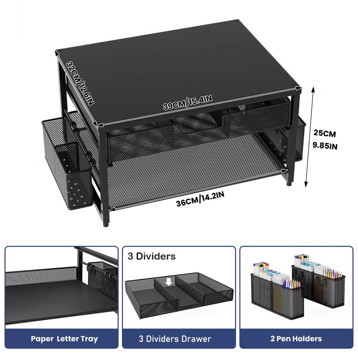 Schreibtisch-Druckerständer aus Metall mit Schublade und 2 Stifthaltern, 2-stöckiges Schreibtisch-Drucker-Regal mit Papierhalter, Mehrzweck-Büro-Schreibtisch-Organizer, Schwarz