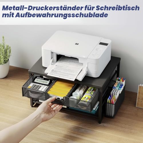 Schreibtisch-Druckerständer aus Metall mit Schublade und 2 Stifthaltern, 2-stöckiges Schreibtisch-Drucker-Regal mit Papierhalter, Mehrzweck-Büro-Schreibtisch-Organizer, Schwarz