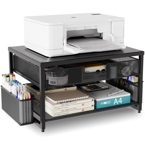 Schreibtisch-Druckerständer aus Metall mit Schublade und 2 Stifthaltern, 2-stöckiges Schreibtisch-Drucker-Regal mit Papierhalter, Mehrzweck-Büro-Schreibtisch-Organizer, Schwarz
