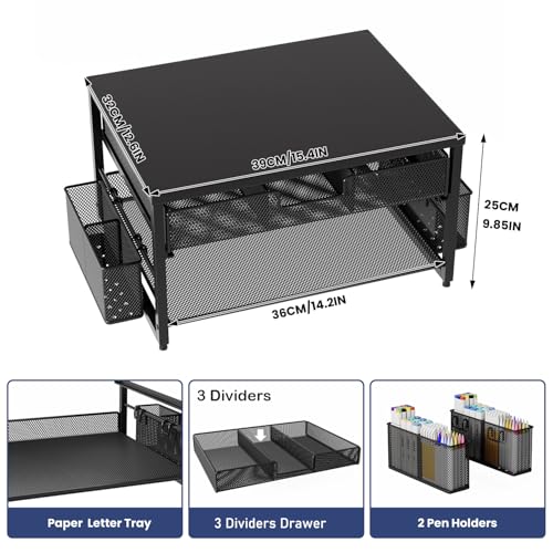 Schreibtisch-Druckerständer aus Metall mit Schublade und 2 Stifthaltern, 2-stöckiges Schreibtisch-Drucker-Regal mit Papierhalter, Mehrzweck-Büro-Schreibtisch-Organizer, Schwarz