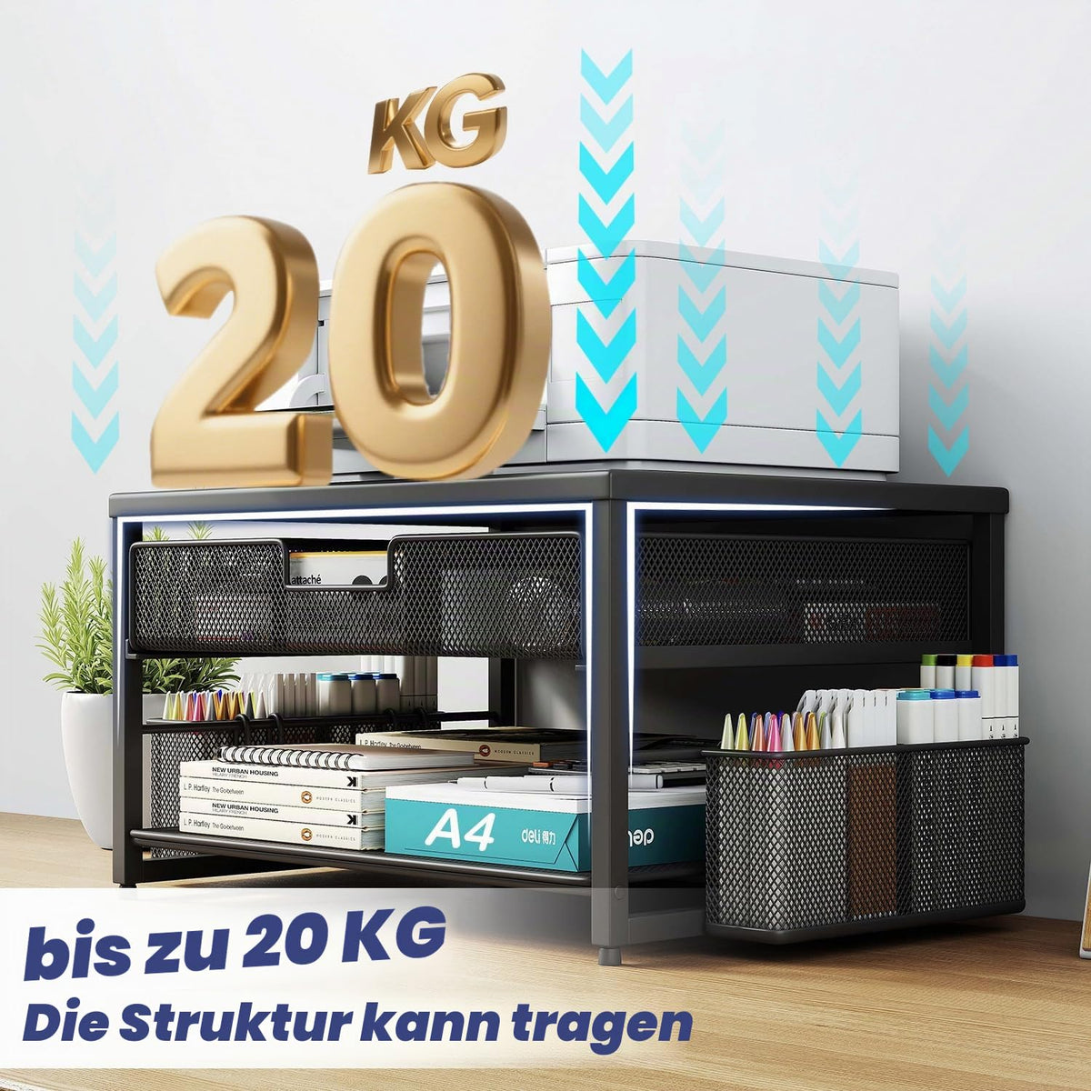 Schreibtisch-Druckerständer aus Metall mit Schublade und 2 Stifthaltern, 2-stöckiges Schreibtisch-Drucker-Regal mit Papierhalter, Mehrzweck-Büro-Schreibtisch-Organizer, Schwarz