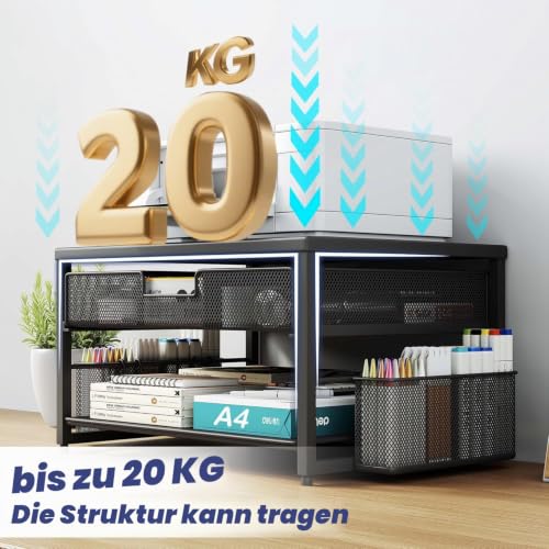 Schreibtisch-Druckerständer aus Metall mit Schublade und 2 Stifthaltern, 2-stöckiges Schreibtisch-Drucker-Regal mit Papierhalter, Mehrzweck-Büro-Schreibtisch-Organizer, Schwarz