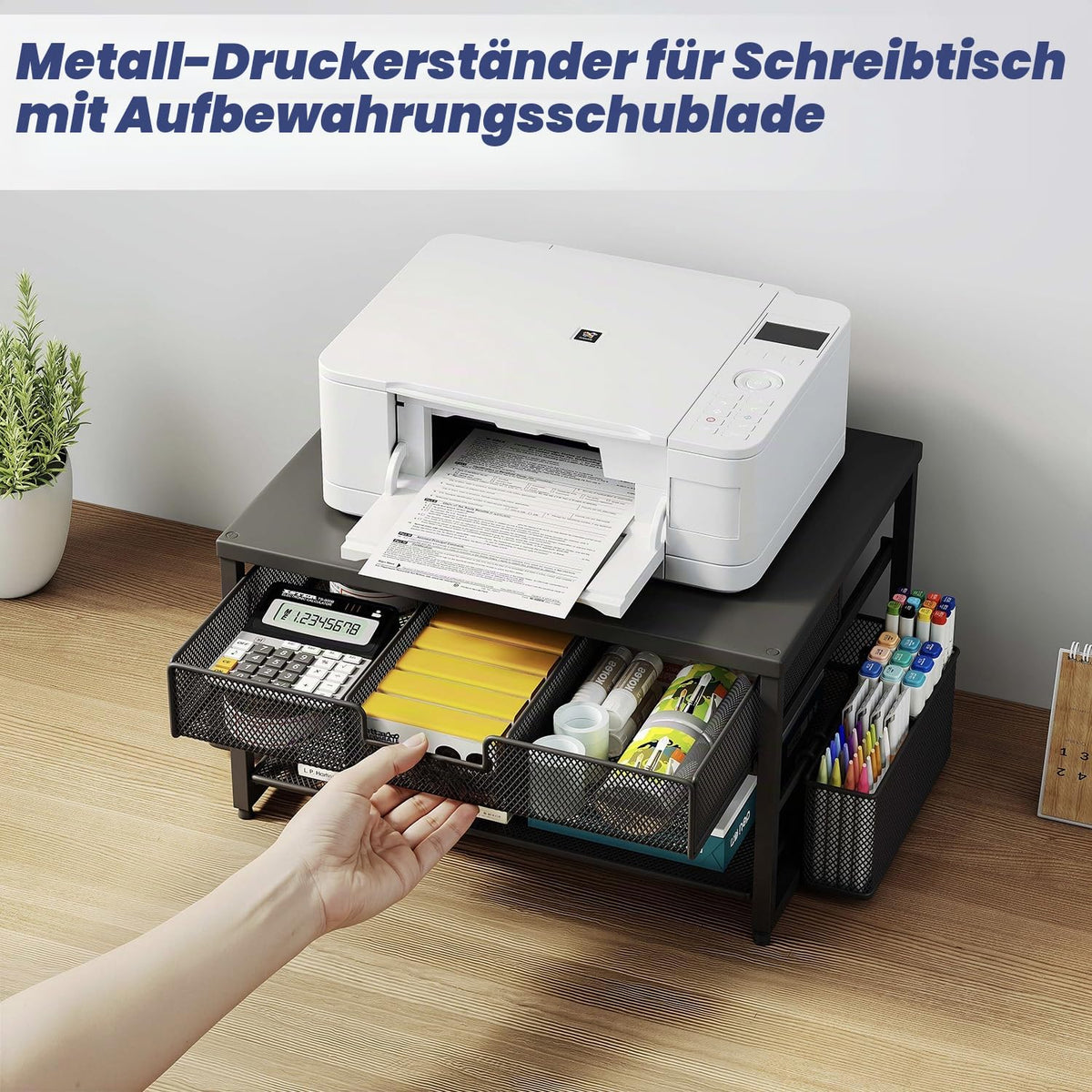 Schreibtisch-Druckerständer aus Metall mit Schublade und 2 Stifthaltern, 2-stöckiges Schreibtisch-Drucker-Regal mit Papierhalter, Mehrzweck-Büro-Schreibtisch-Organizer, Schwarz