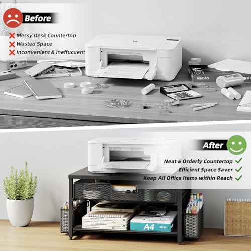 Schreibtisch-Druckerständer aus Metall mit Schublade und 2 Stifthaltern, 2-stöckiges Schreibtisch-Drucker-Regal mit Papierhalter, Mehrzweck-Büro-Schreibtisch-Organizer, Schwarz