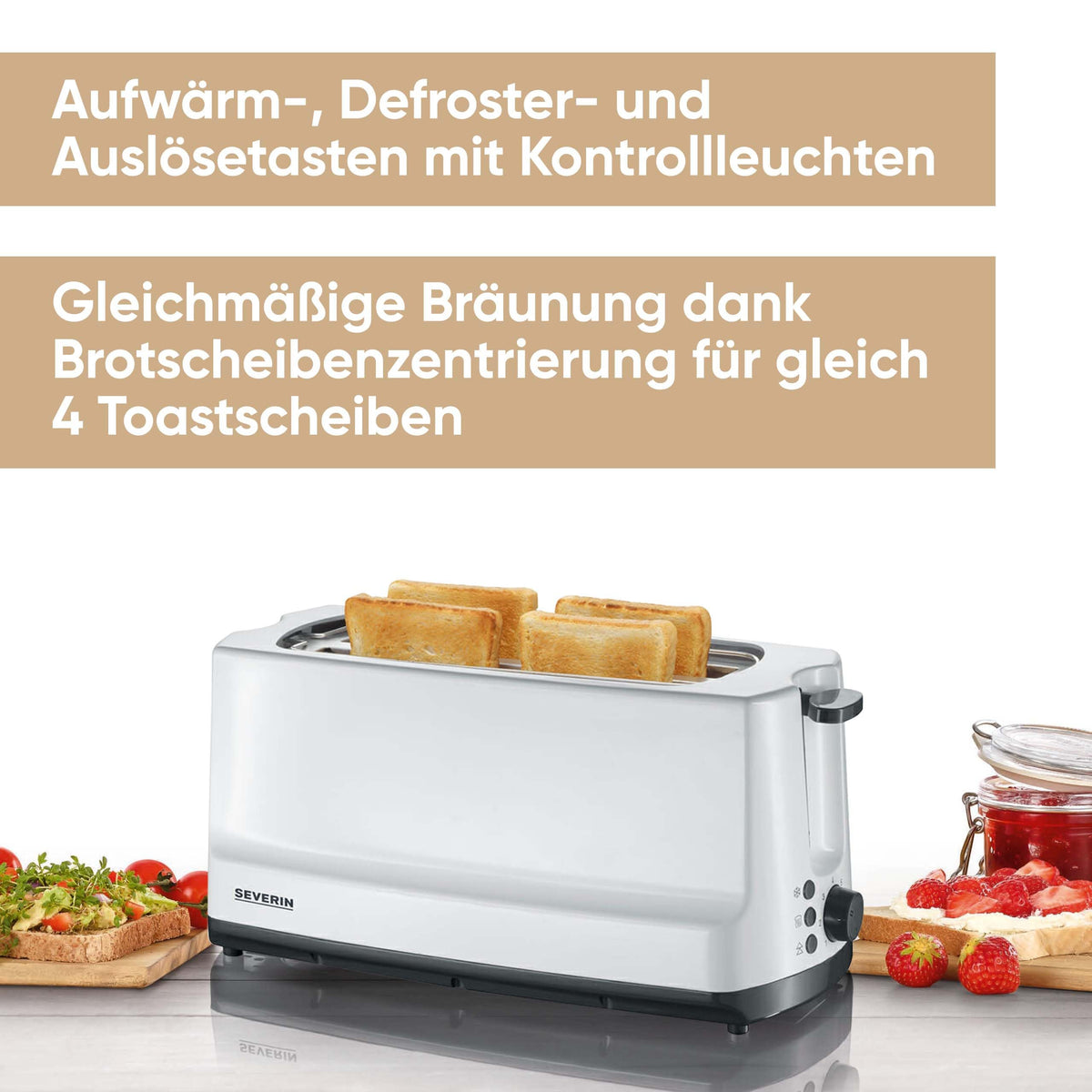 SEVERIN Doppel-Langschlitztoaster, mit Brötchenaufsatz, zum Toasten, Auftauen und Erwärmen, 1.400 W, Kunststoff, Grau, Weiß, AT 2234