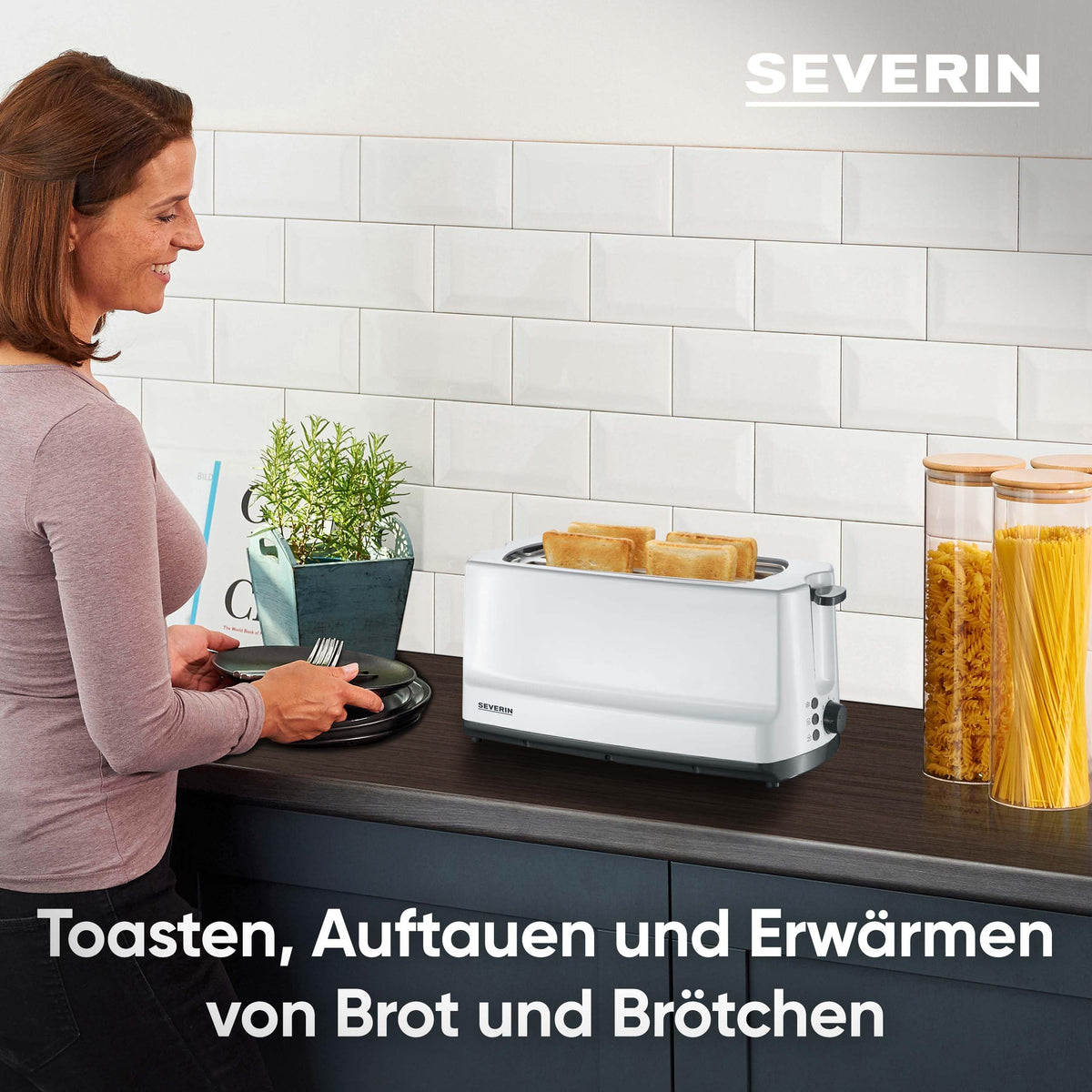 SEVERIN Doppel-Langschlitztoaster, mit Brötchenaufsatz, zum Toasten, Auftauen und Erwärmen, 1.400 W, Kunststoff, Grau, Weiß, AT 2234