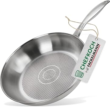FACKELMANN Chefkoch trifft Edelstahlpfanne Ø28 cm – Hochwertige Pfanne aus 18/10 Edelstahl, knusprige Ergebnisse durch speziellen Wabenboden, für alle Herdarten geeignet