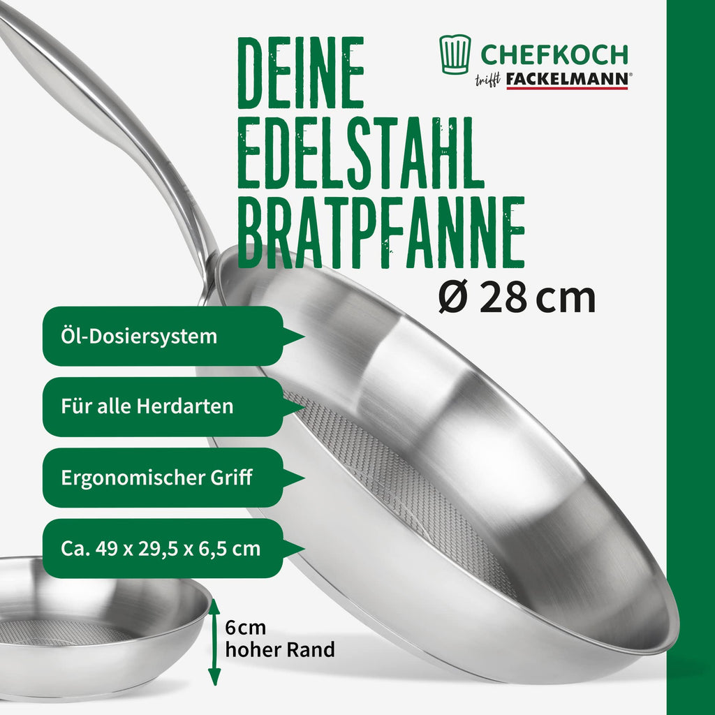 FACKELMANN Chefkoch trifft Edelstahlpfanne Ø28 cm – Hochwertige Pfanne aus 18/10 Edelstahl, knusprige Ergebnisse durch speziellen Wabenboden, für alle Herdarten geeignet