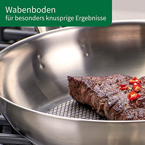 FACKELMANN Chefkoch trifft Edelstahlpfanne Ø28 cm – Hochwertige Pfanne aus 18/10 Edelstahl, knusprige Ergebnisse durch speziellen Wabenboden, für alle Herdarten geeignet