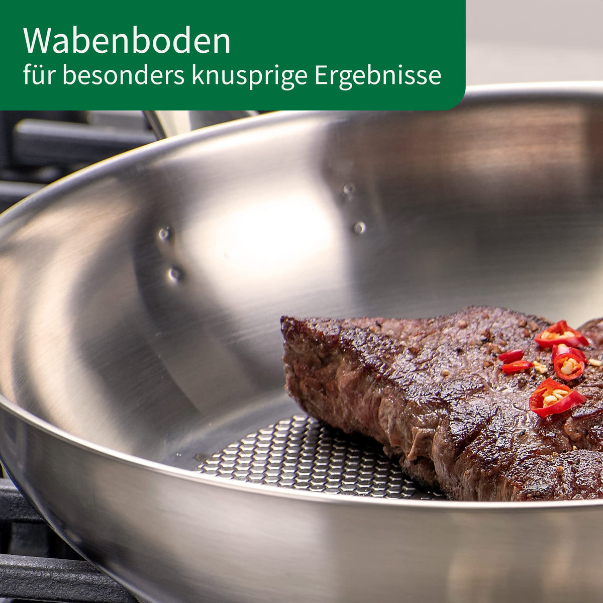 FACKELMANN Chefkoch trifft Edelstahlpfanne Ø28 cm – Hochwertige Pfanne aus 18/10 Edelstahl, knusprige Ergebnisse durch speziellen Wabenboden, für alle Herdarten geeignet