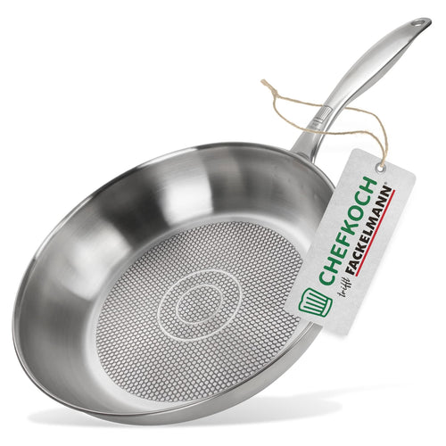 FACKELMANN Chefkoch trifft Edelstahlpfanne Ø28 cm – Hochwertige Pfanne aus 18/10 Edelstahl, knusprige Ergebnisse durch speziellen Wabenboden, für alle Herdarten geeignet