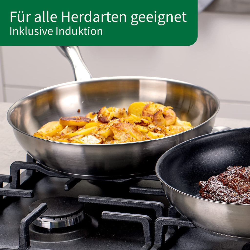 FACKELMANN Chefkoch trifft Edelstahlpfanne Ø28 cm – Hochwertige Pfanne aus 18/10 Edelstahl, knusprige Ergebnisse durch speziellen Wabenboden, für alle Herdarten geeignet