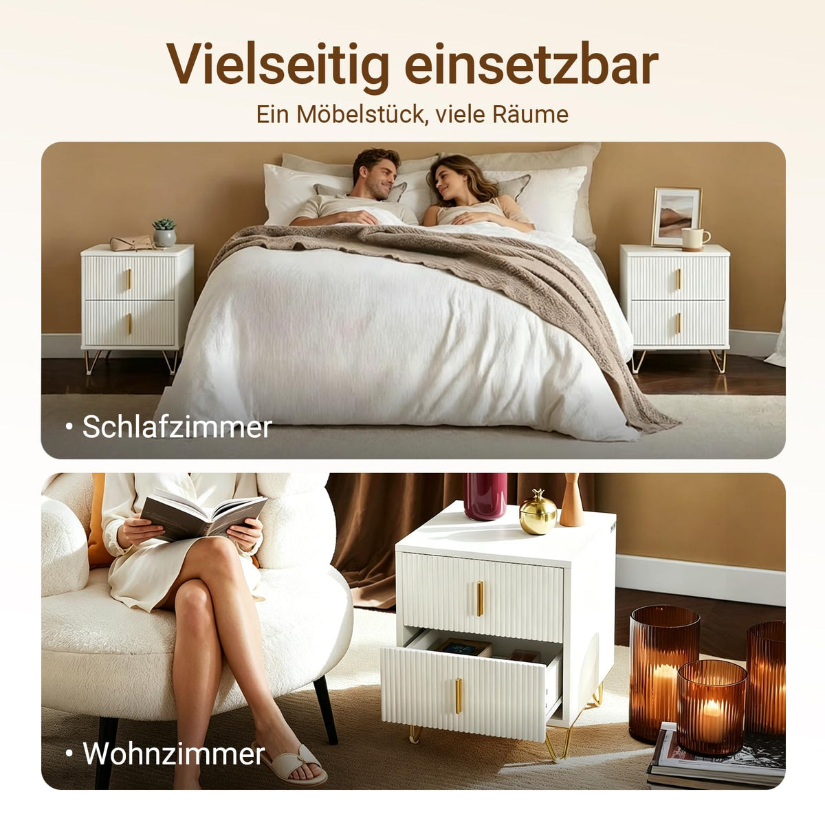 SoBuy 2er Set Nachttisch mit 2 Schubladen, Goldbeine 40x40x47cm