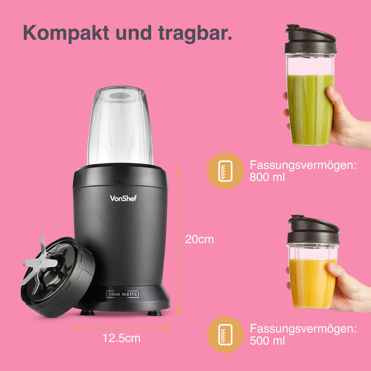 VonShef Mixer Smoothie Maker – Ultrablend für Obst, Gemüse und Crushed Ice, 1000 W/ 500 ml & 800 ml – Smoothie Maker To Go mit Mitnehmbarem Becher – Mini Mixer mit 1 Bedienknopf