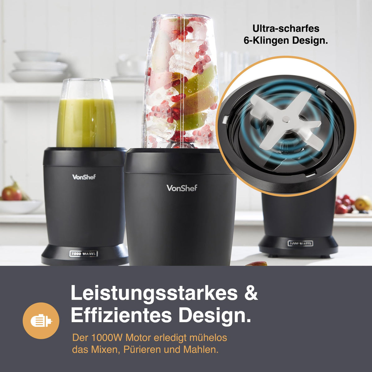 VonShef Mixer Smoothie Maker – Ultrablend für Obst, Gemüse und Crushed Ice, 1000 W/ 500 ml & 800 ml – Smoothie Maker To Go mit Mitnehmbarem Becher – Mini Mixer mit 1 Bedienknopf