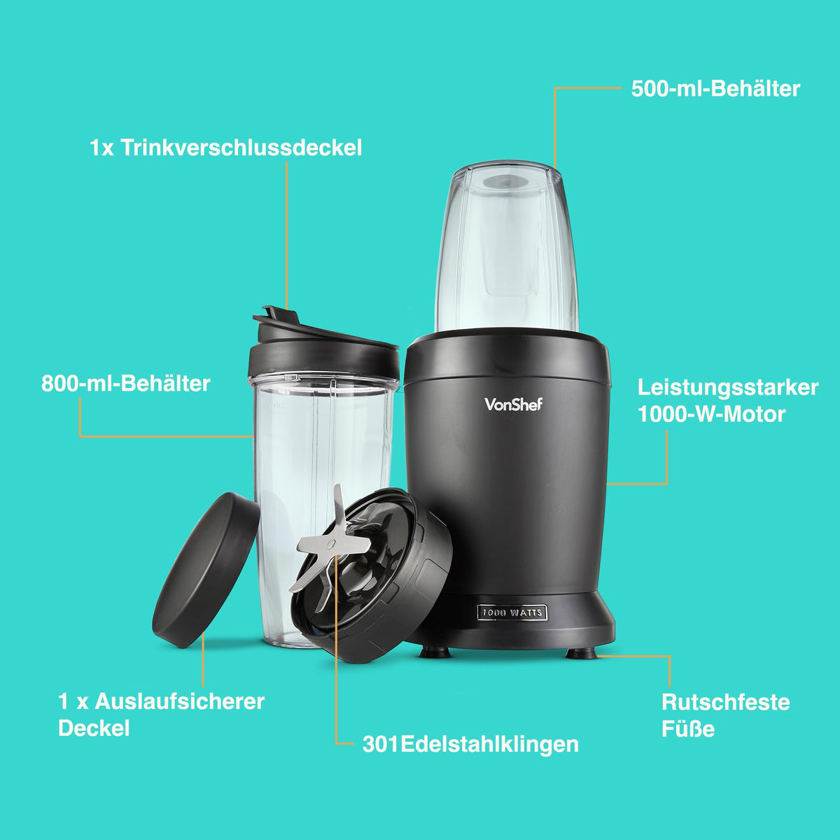 VonShef Mixer Smoothie Maker – Ultrablend für Obst, Gemüse und Crushed Ice, 1000 W/ 500 ml & 800 ml – Smoothie Maker To Go mit Mitnehmbarem Becher – Mini Mixer mit 1 Bedienknopf
