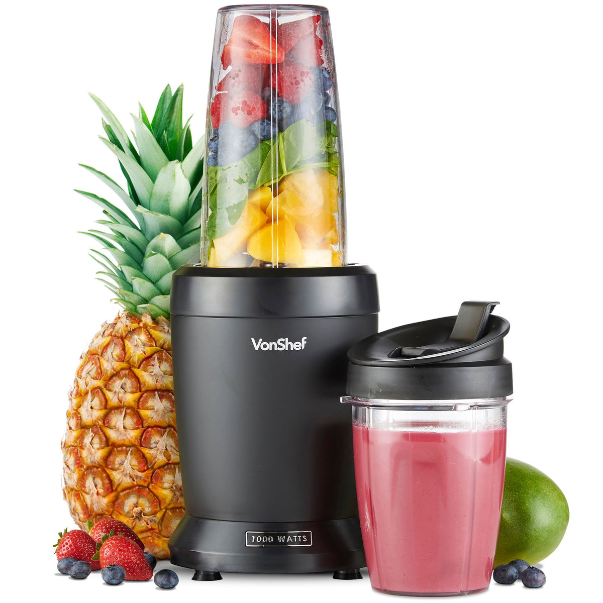 VonShef Mixer Smoothie Maker – Ultrablend für Obst, Gemüse und Crushed Ice, 1000 W/ 500 ml & 800 ml – Smoothie Maker To Go mit Mitnehmbarem Becher – Mini Mixer mit 1 Bedienknopf
