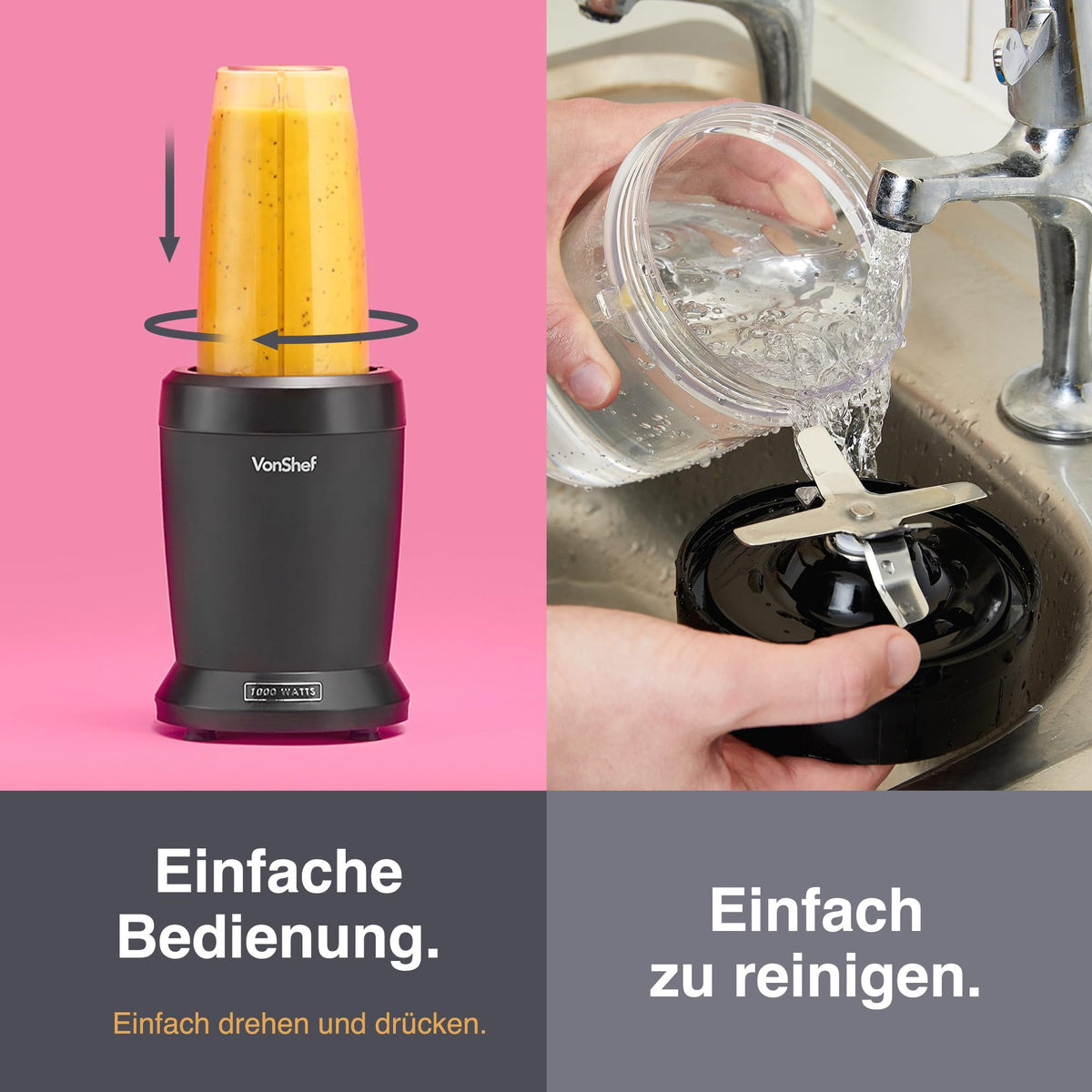 VonShef Mixer Smoothie Maker – Ultrablend für Obst, Gemüse und Crushed Ice, 1000 W/ 500 ml & 800 ml – Smoothie Maker To Go mit Mitnehmbarem Becher – Mini Mixer mit 1 Bedienknopf