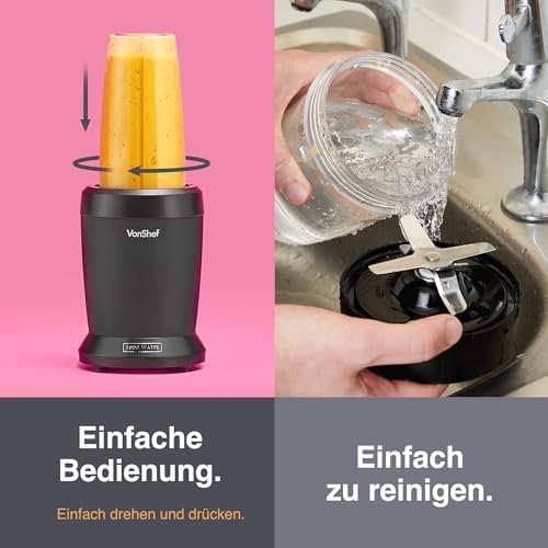 VonShef Mixer Smoothie Maker – Ultrablend für Obst, Gemüse und Crushed Ice, 1000 W/ 500 ml & 800 ml – Smoothie Maker To Go mit Mitnehmbarem Becher – Mini Mixer mit 1 Bedienknopf