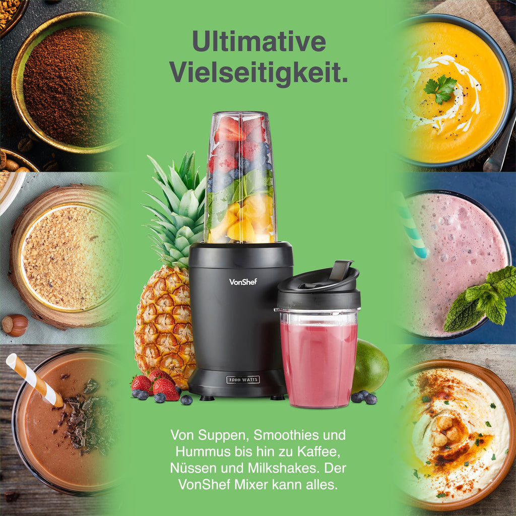 VonShef Mixer Smoothie Maker – Ultrablend für Obst, Gemüse und Crushed Ice, 1000 W/ 500 ml & 800 ml – Smoothie Maker To Go mit Mitnehmbarem Becher – Mini Mixer mit 1 Bedienknopf