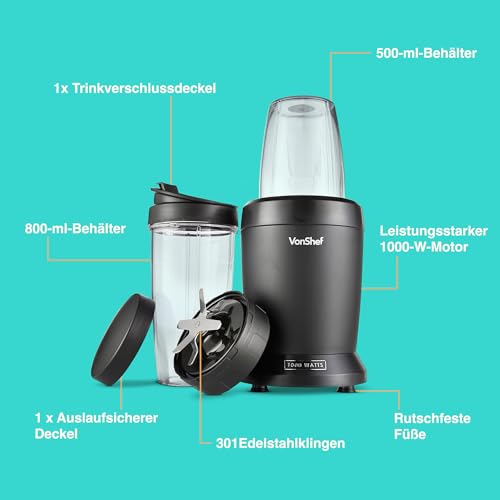 VonShef Mixer Smoothie Maker – Ultrablend für Obst, Gemüse und Crushed Ice, 1000 W/ 500 ml & 800 ml – Smoothie Maker To Go mit Mitnehmbarem Becher – Mini Mixer mit 1 Bedienknopf