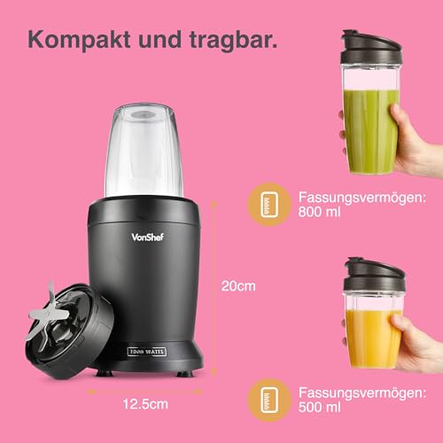 VonShef Mixer Smoothie Maker – Ultrablend für Obst, Gemüse und Crushed Ice, 1000 W/ 500 ml & 800 ml – Smoothie Maker To Go mit Mitnehmbarem Becher – Mini Mixer mit 1 Bedienknopf