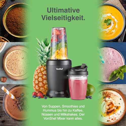 VonShef Mixer Smoothie Maker – Ultrablend für Obst, Gemüse und Crushed Ice, 1000 W/ 500 ml & 800 ml – Smoothie Maker To Go mit Mitnehmbarem Becher – Mini Mixer mit 1 Bedienknopf