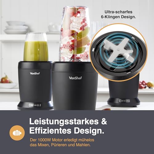VonShef Mixer Smoothie Maker – Ultrablend für Obst, Gemüse und Crushed Ice, 1000 W/ 500 ml & 800 ml – Smoothie Maker To Go mit Mitnehmbarem Becher – Mini Mixer mit 1 Bedienknopf