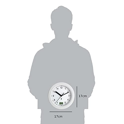 TFA Dostmann Analoge Badezimmer Uhr Funk, 60.3501, mit digitaler Temperaturanzeige, feuchtigkeitsgeschützt, ohne Bohren, 4 Saugnäpfe, Funkuhr, inkl Thermometer, 17 x 5,9 cm, Silber